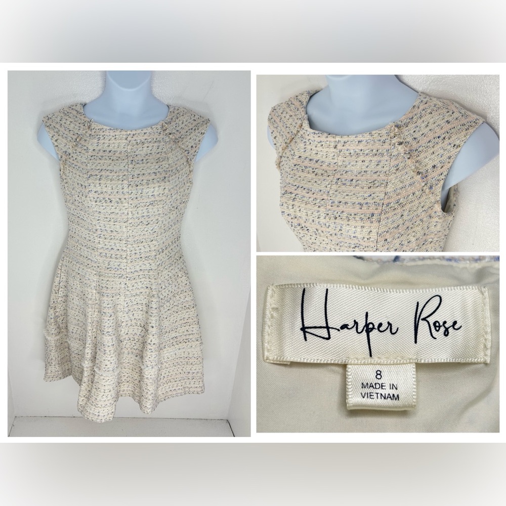 Harper Rose Tweed Fit & Flare Dress Size 8 Cream Blue Pockets‎ Classic Preppy